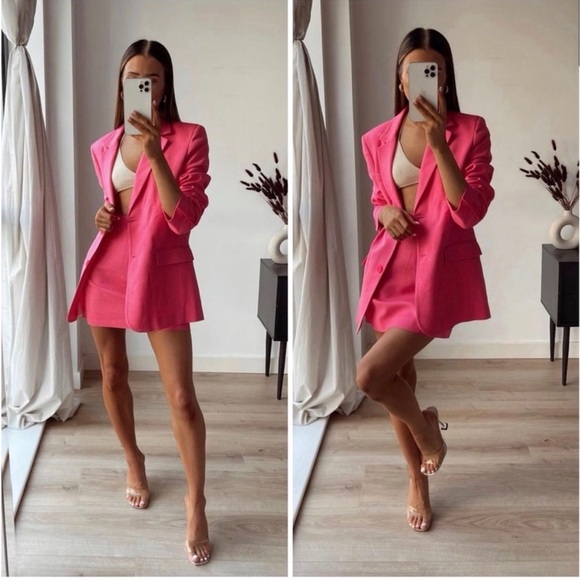NWT GORGEOUS ZARA STRAIGHT BLAZER WITH POCKETS Fuchsia size S Blogger Favorite - Picture 2 of 16